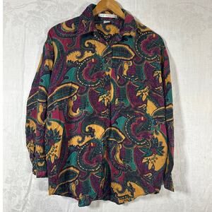 Jack Mulqueen Silk Shirt Medium Paisley Button Mustard Navy Burgundy Green VTG